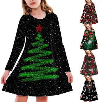 Рождественское повседневное платье с длинными рукавами для девочек, осеннее платье Миди с рождественским принтом и рюшами на шее, праздничное платье принцессы