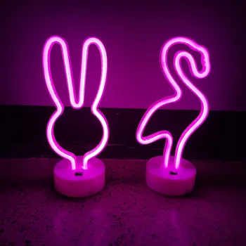 Светодиодная неоновая лампа креативной формы Светодиодный ночник с USB / батарейным питанием, тематика животных, Фламинго, Кролик, неоновая вывеска, лампа для декора рабочего стола