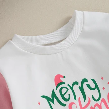Свитшоты для маленьких девочек и мальчиков Рождественская одежда с круглым вырезом и буквенным принтом контрастного цвета, детские пуловеры с длинными рукавами, осенние топы