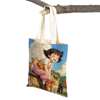 Сказочный мир, прекрасный подарок для ребенка, повседневная сумка для покупок, милая мультяшная девочка и кошка, холщовая сумка-тоут с двойным принтом, сумки для покупок