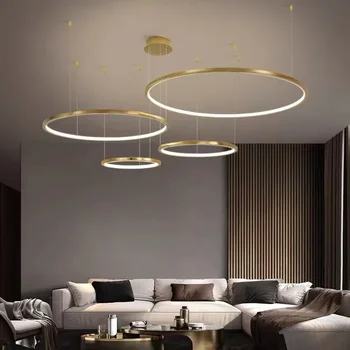 Современная золотая светодиодная люстра для гостиной, Кольцевой дизайн, Домашние светильники для помещений, простые круглые подвесные светильники из нержавеющей стали
