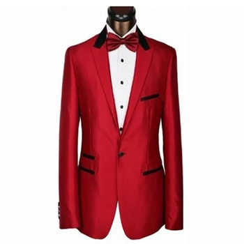 Сшитый по Индивидуальному Заказу Красный пиджак-смокинг, Сшитый на заказ у портного Красно-черный пиджак-смокинг + черный воротник и края карманов + черные брюки