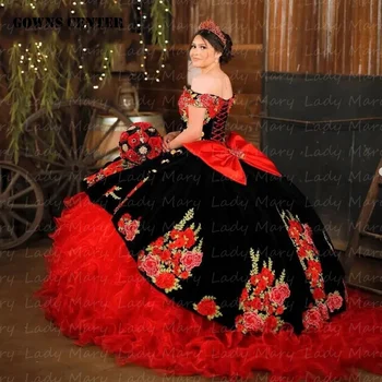 Традиционные Мексиканские Красные Пышные платья С цветочным рисунком, открытыми плечами, Бальное платье Принцессы С большим бантом, Вечеринка по случаю дня рождения для девочек, Vestidos 15 A