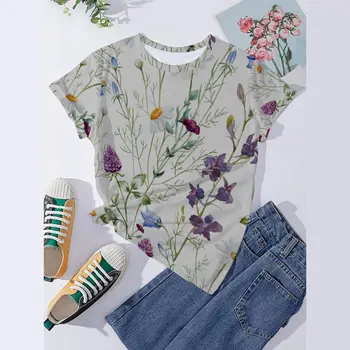 Эффектный Простой Модный женский топ с короткими рукавами в стиле Ретро 90-х, Женская футболка с круглым вырезом и цветочным 3D принтом, Повседневная уличная одежда