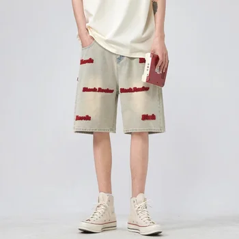 Японские и корейские винтажные джинсовые шорты с красной вышивкой, мужские летние шорты в стиле американский хип-хоп, повседневные прямые свободные брюки