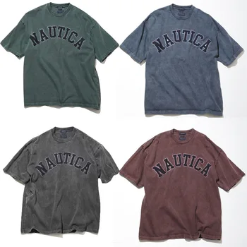 Японский бренд Nautica холодного окрашивания, выстиранные футболки с короткими рукавами для мужчин и женщин, майки из плотного хлопка с вышивкой summe
